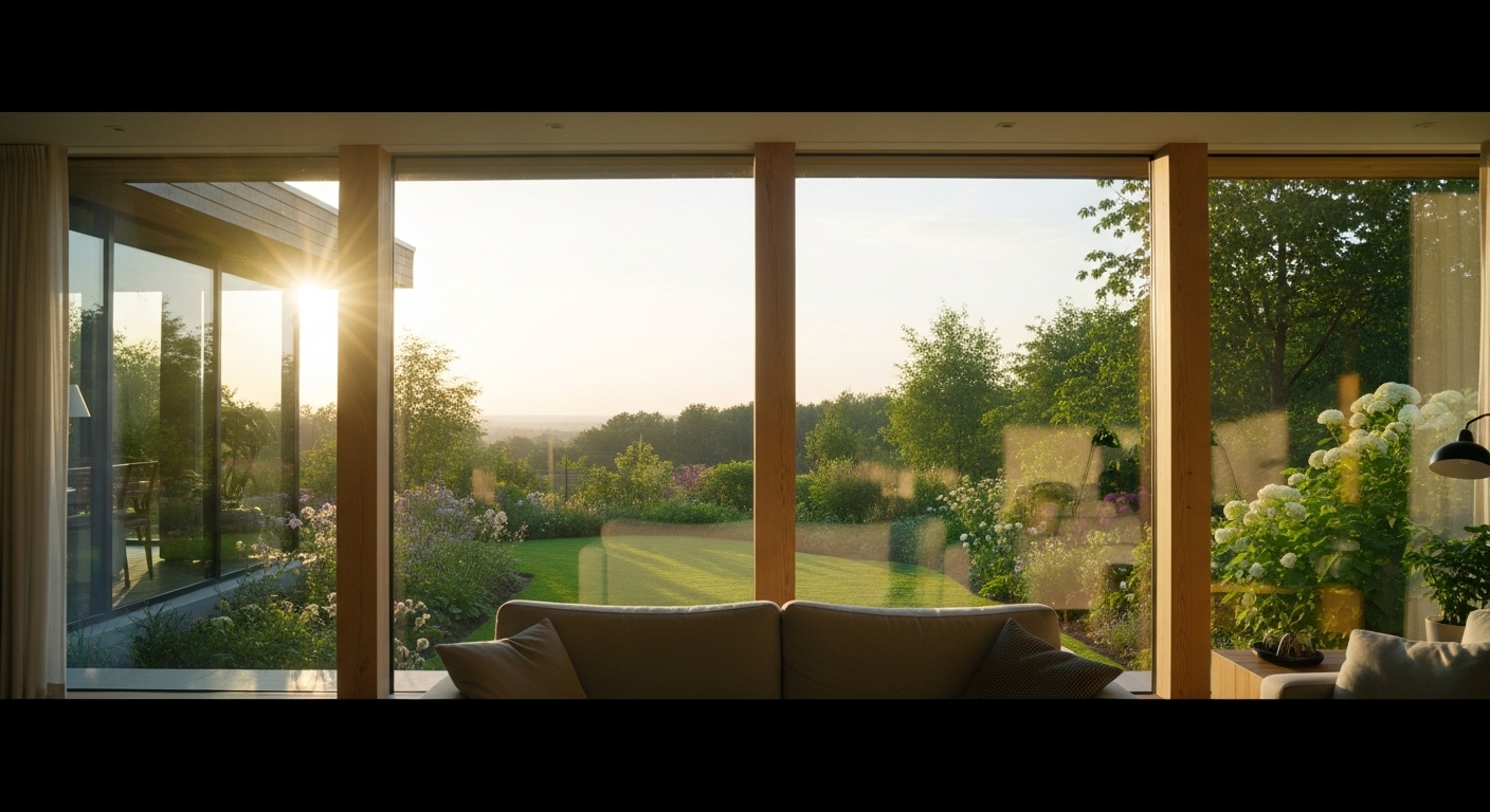 Khung cảnh nhà hiện đại nhìn ra vườn xanh qua cửa kính trong suốt không tì vết, minh chứng rõ ràng cho việc có nên thuê dịch vụ vệ sinh nhà ở để đạt được không gian sống sạch sẽ và thông thoáng như thế này.