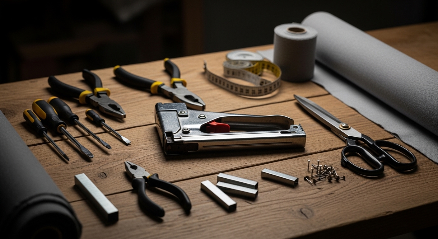 Dụng cụ bọc ghế sofa được sắp xếp gọn gàng trên bàn gỗ mộc, bao gồm súng bắn ghim, kéo cắt vải, và cuộn vải xám mới, minh họa cho cách bọc ghế sofa hiệu quả.