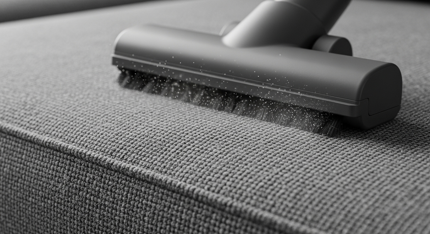 Cận cảnh vòi hút bụi làm sạch sâu đệm ghế sofa nỉ màu xám, minh họa một bước quan trọng trong cách giặt ghế sofa nỉ tại nhà hiệu quả.