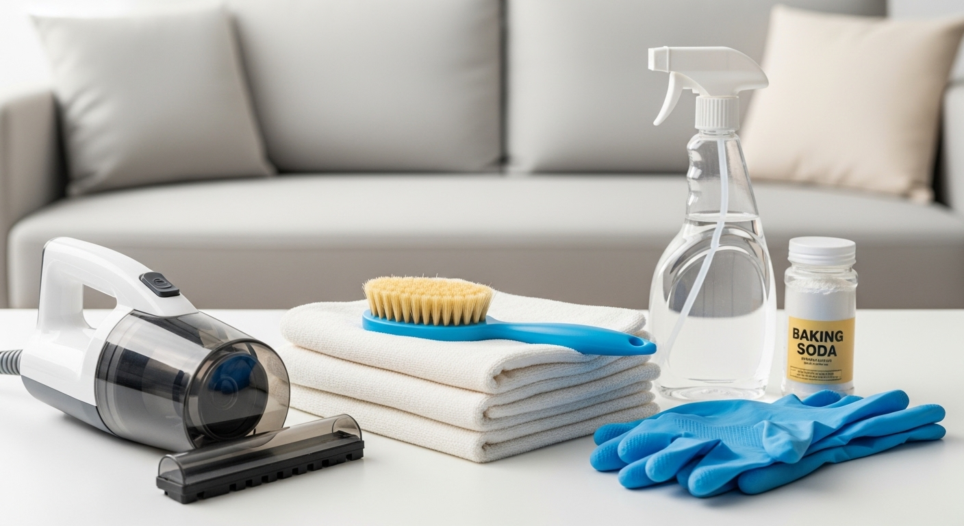 Bộ dụng cụ thiết yếu cho việc cách giặt khô ghế sofa tại nhà, gồm máy hút bụi cầm tay, khăn microfiber, bàn chải, baking soda và bình xịt dung dịch vệ sinh, được sắp xếp gọn gàng trên mặt phẳng sáng.
