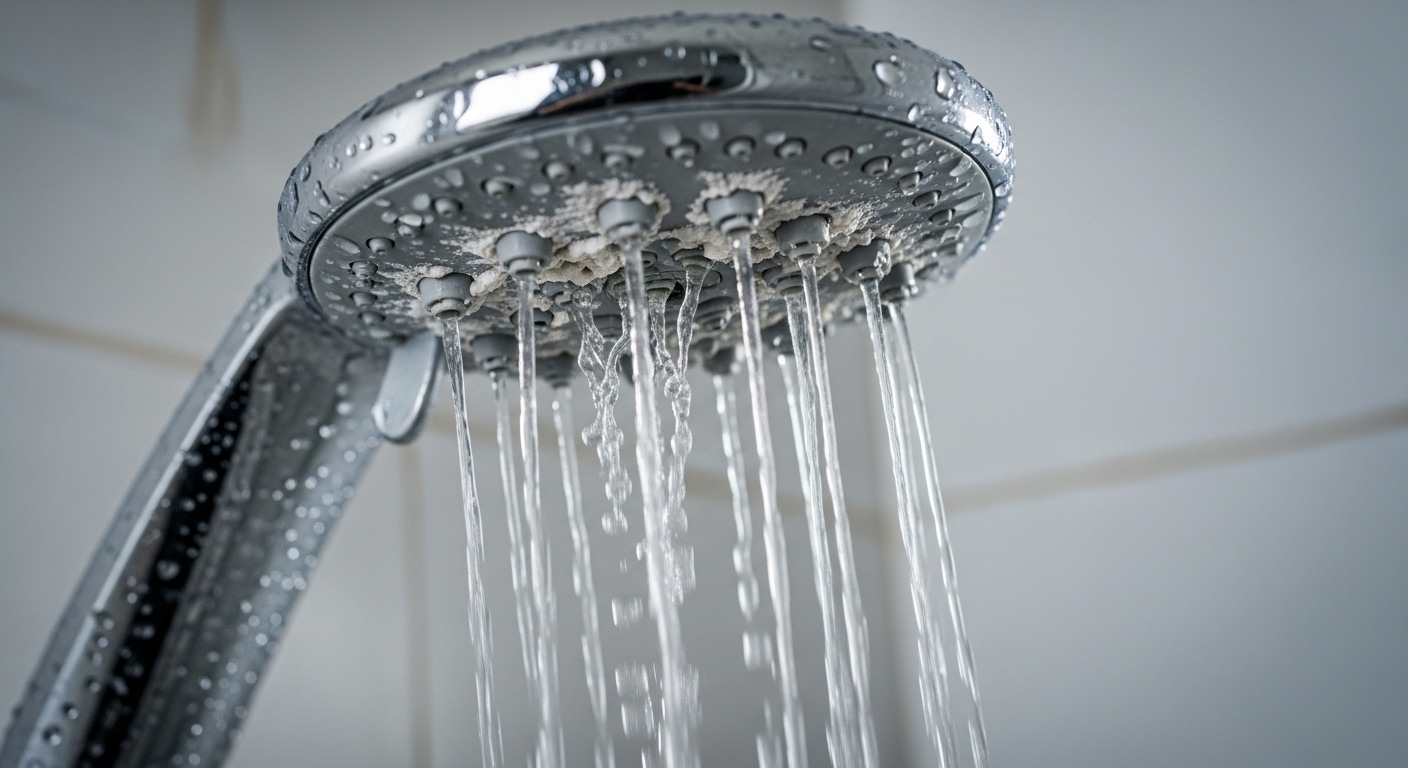 Vòi sen bạc trong phòng tắm hiện đại bị tắc, nước yếu và không đều do cặn canxi trắng bám rõ ở đầu phun, cho thấy cần tẩy cặn canxi.