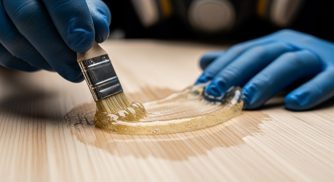 Tay đeo găng đang thoa gel chuyên dụng lên lớp sơn PU cũ trên bề mặt gỗ sáng màu. Tay đeo găng đang thoa gel chuyên dụng lên lớp sơn PU cũ trên bề mặt gỗ sáng màu.