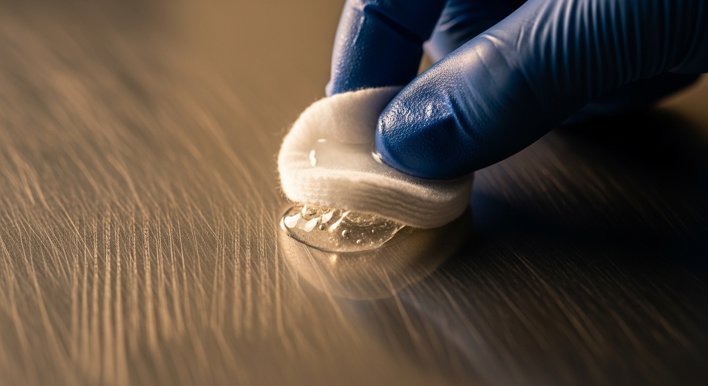 Cận cảnh bàn tay đeo găng dùng bông tẩm dung dịch lau vết keo dính trên bề mặt inox xước, minh họa cách chùi keo sau khi bóc decal hiệu quả khi keo đang mềm và bong tróc.