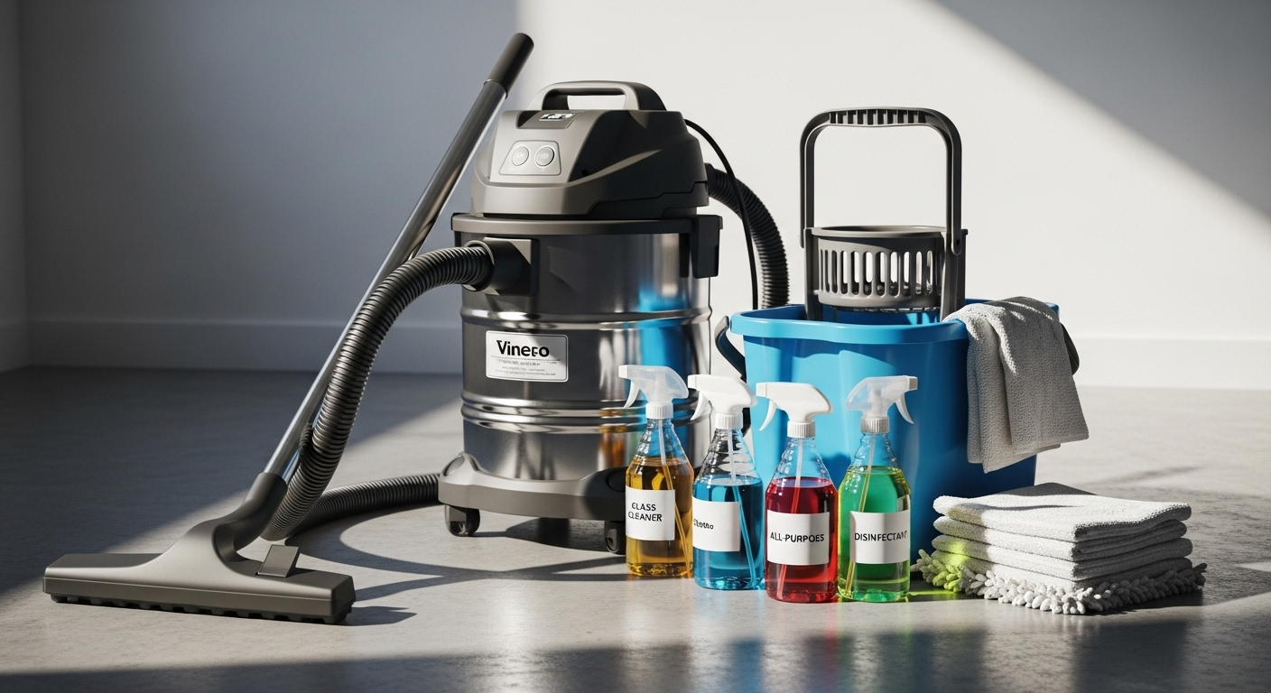 Bộ dụng cụ vệ sinh chuyên nghiệp gồm máy hút bụi công nghiệp, xô lau sàn và các chai dung dịch chuyên dụng, được sắp xếp chỉnh tề, chuẩn bị cho dịch vụ vệ sinh nhà mới xây quận 11.