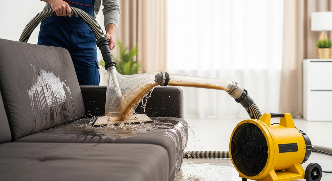 Kỹ thuật viên chuyên nghiệp đang sử dụng máy hút công suất lớn để giặt sofa tại nhà quận 7, loại bỏ hiệu quả nước bẩn qua ống trong suốt và có quạt công nghiệp hỗ trợ làm khô nhanh.