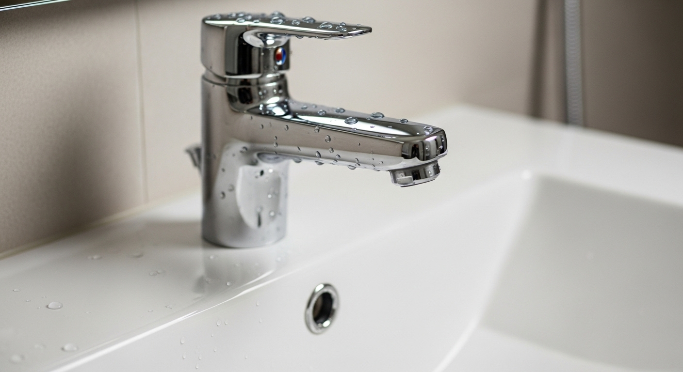 Vòi nước crom sáng bóng và bồn rửa sứ trắng tinh trong phòng tắm hiện đại, với những giọt nước li ti, minh chứng cho việc vệ sinh nhà mới xây xong sạch sẽ và kỹ lưỡng.