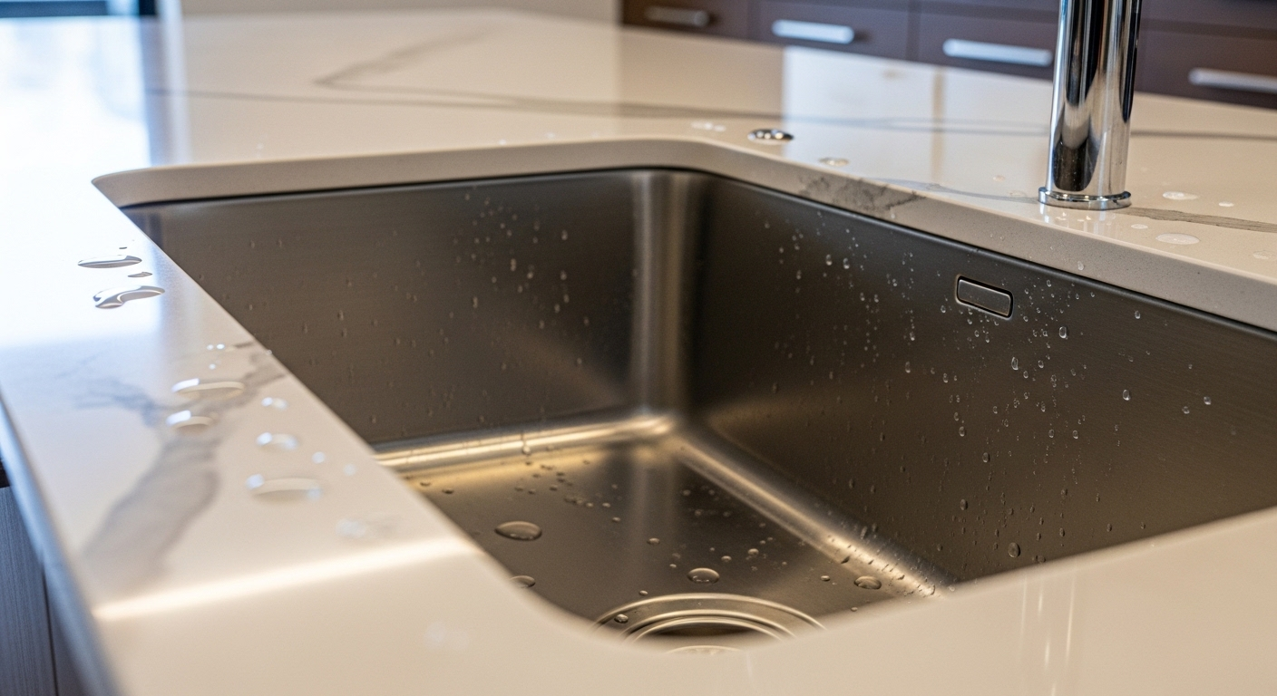 Mặt bàn bếp và bồn rửa inox sáng bóng, sạch tinh tươm với giọt nước lấp lánh, là kết quả của cách vệ sinh nhà cửa hiệu quả.