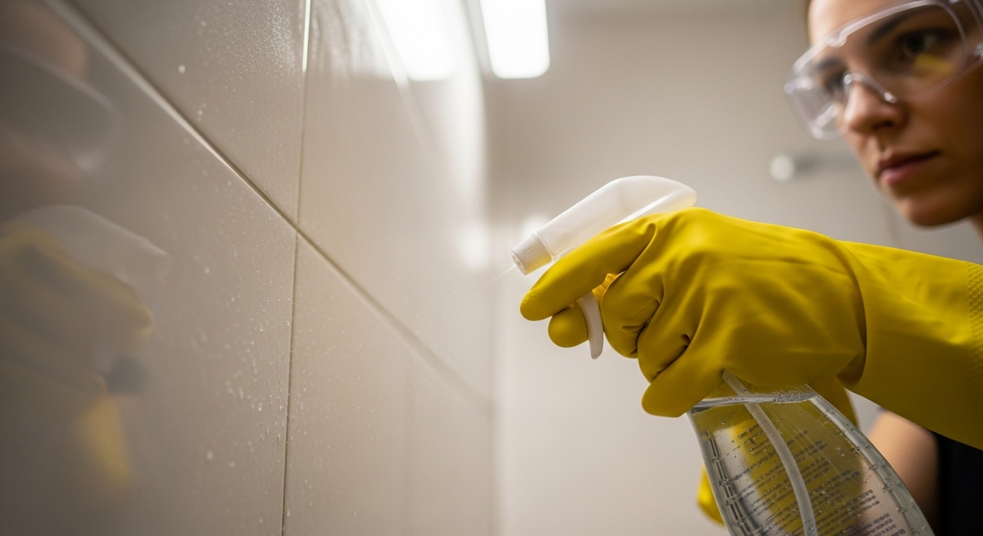 Bàn tay đeo găng vàng xịt dung dịch vệ sinh lên tường gạch sáng màu, minh họa cách làm sạch nhà tắm nhà vệ sinh hiệu quả và an toàn.