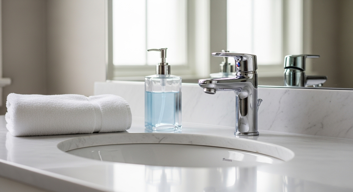 Bồn rửa mặt phòng tắm sạch bóng với gương phản chiếu, khăn xếp gọn và xà phòng. Minh họa cho hiệu quả của một checklist vệ sinh hàng ngày.