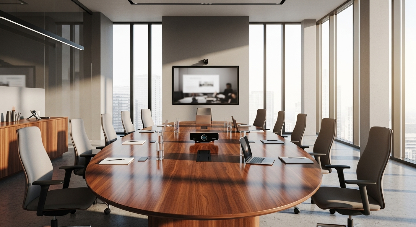 Phòng họp hiện đại, rộng rãi với bàn gỗ oval lớn, ghế công thái học, đón ánh sáng tự nhiên tạo bố trí bàn làm việc theo phong thủy hài hòa, chuyên nghiệp.