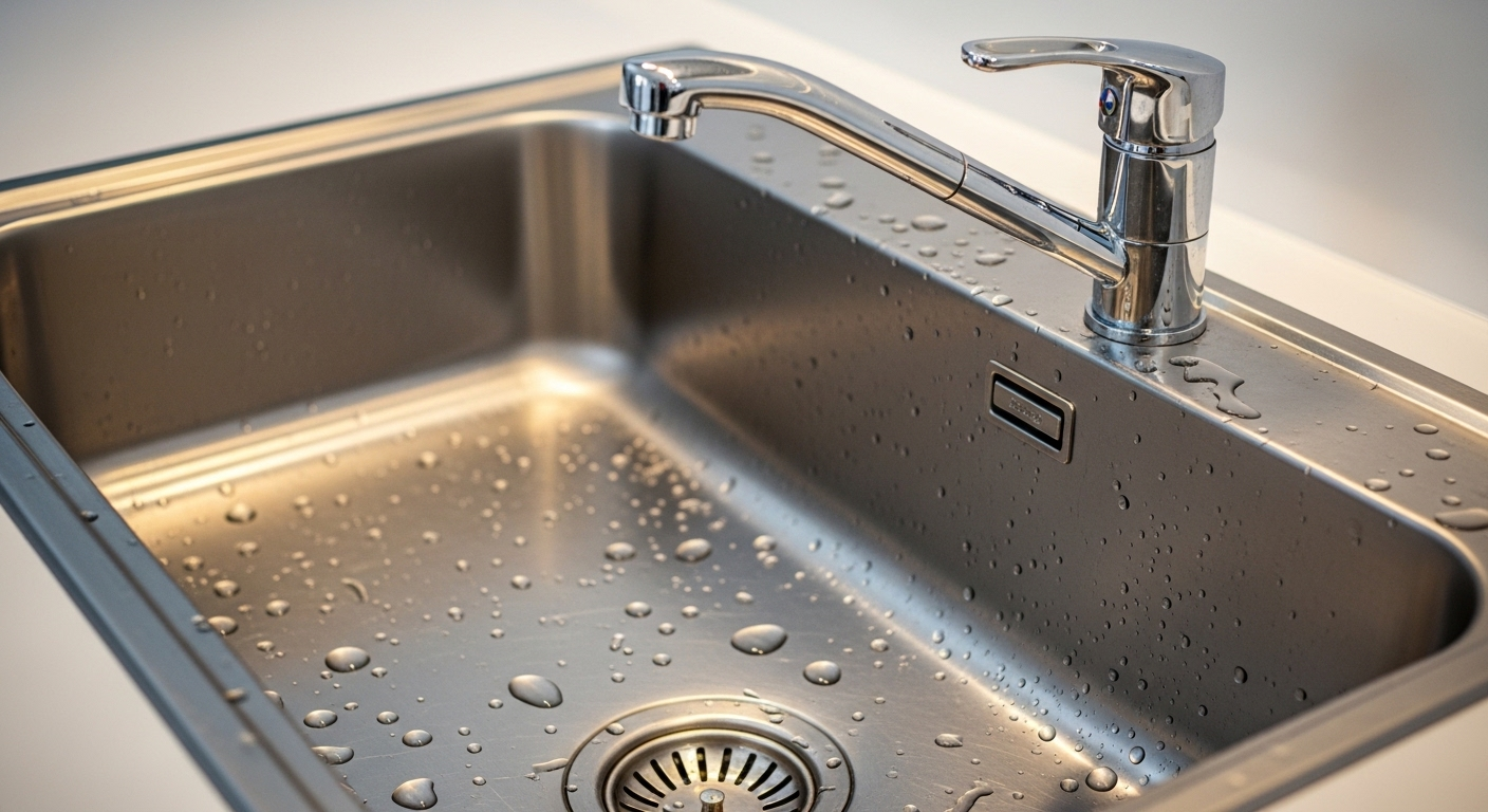 Bồn rửa chén inox sạch bóng không tì vết với vòi kim loại sáng loáng, có giọt nước lấp lánh – kết quả từ mẹo vặt làm sạch bếp hiệu quả.