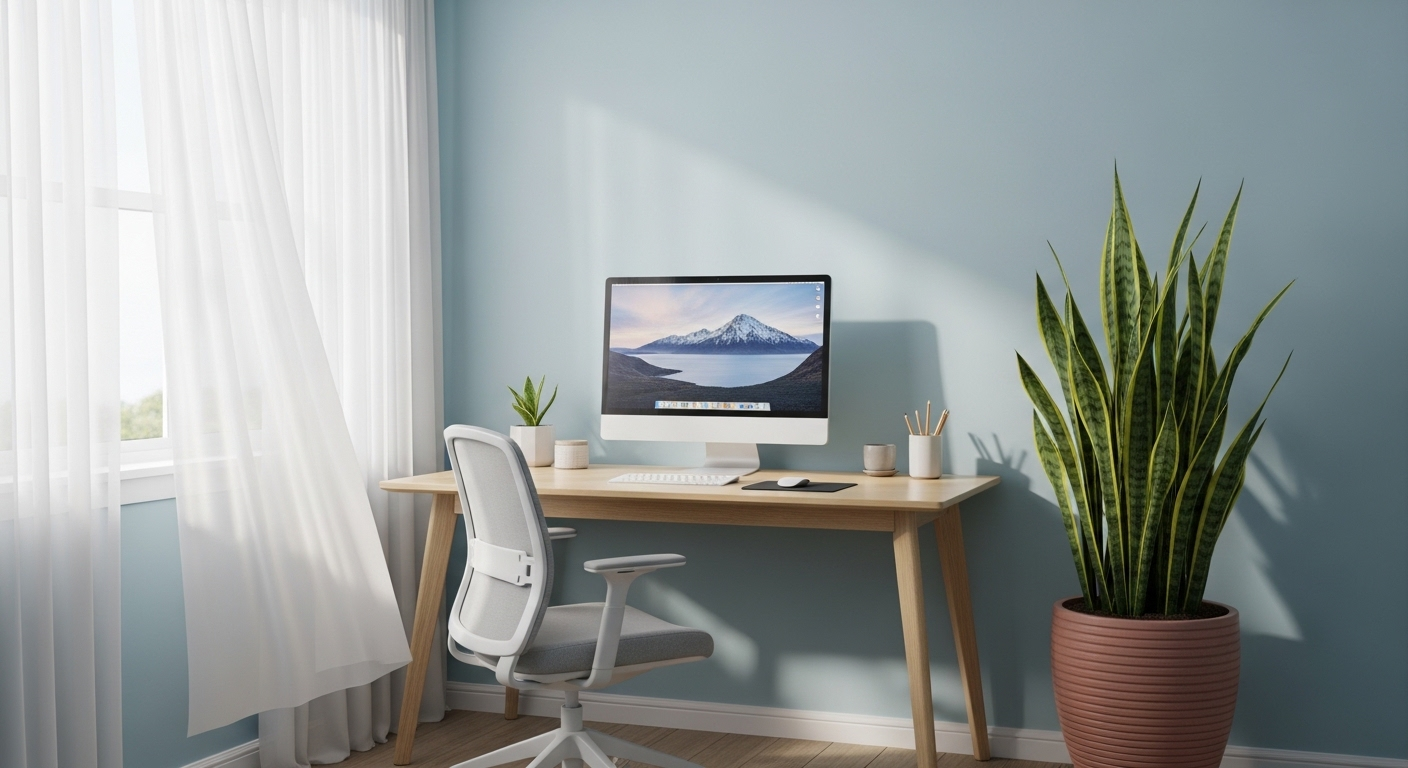 Góc làm việc tại nhà thanh bình với bàn gỗ sáng, ghế công thái học, cây lưỡi hổ lớn và ánh sáng tự nhiên hài hòa.