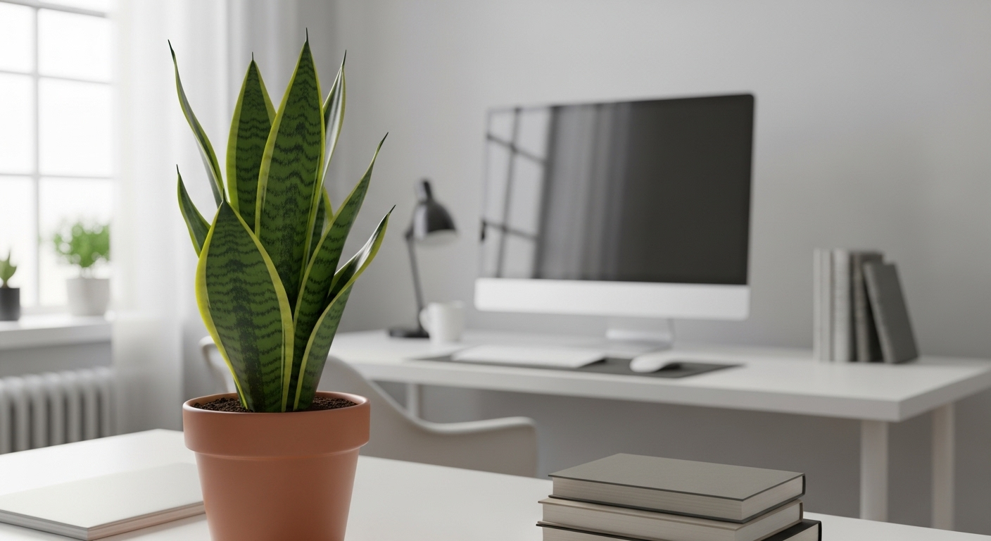 Cây lưỡi hổ xanh tươi trong chậu đất nung trên bàn làm việc trắng, minh họa bố trí phong thủy phòng làm việc hiệu quả.