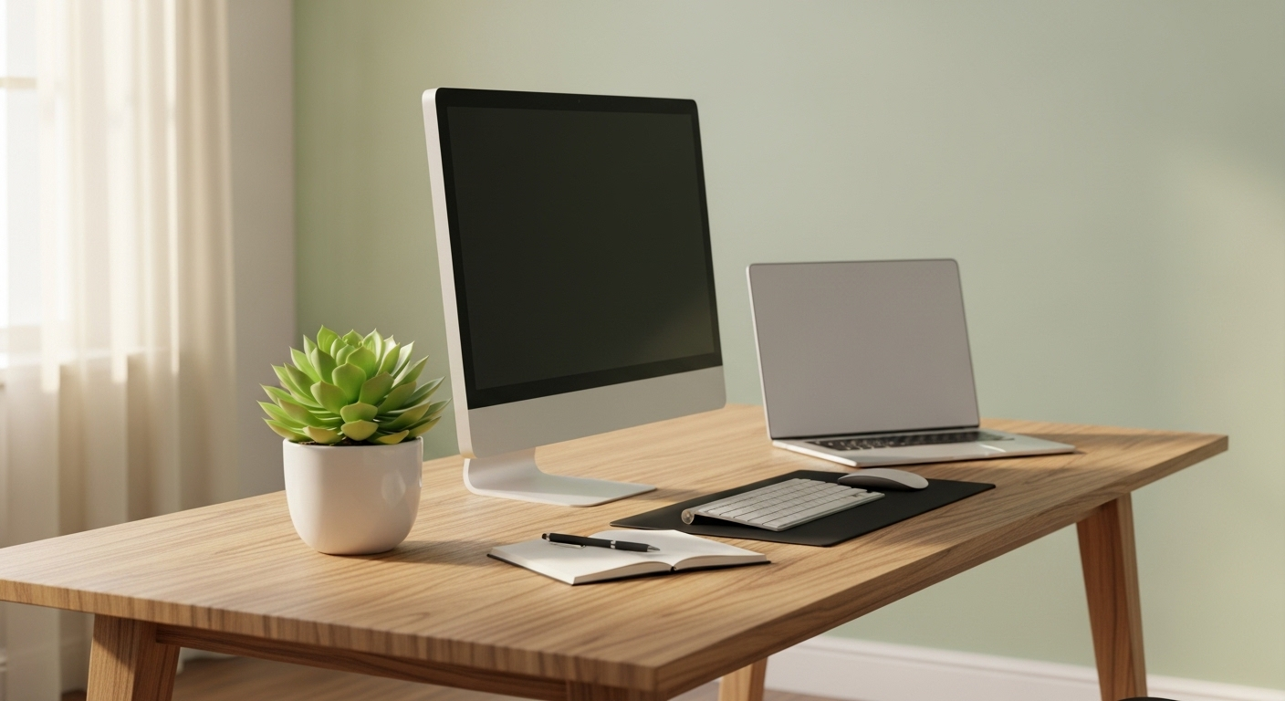 Bàn làm việc gỗ tự nhiên màu nâu nhạt, gọn gàng với cây xanh, màn hình trắng và tường xanh lá nhạt, cùng ánh sáng tự nhiên ấm áp, tạo không gian hài hòa, rất tốt cho phong thủy bàn làm việc cho người mệnh hỏa.