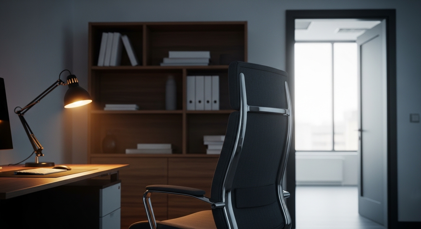 Ghế làm việc công thái học tựa vào kệ sách vững chãi, bàn làm việc sáng với ánh sáng tự nhiên và đèn. Một cách đặt bàn làm việc theo phong thủy tạo điểm tựa và sự ổn định.