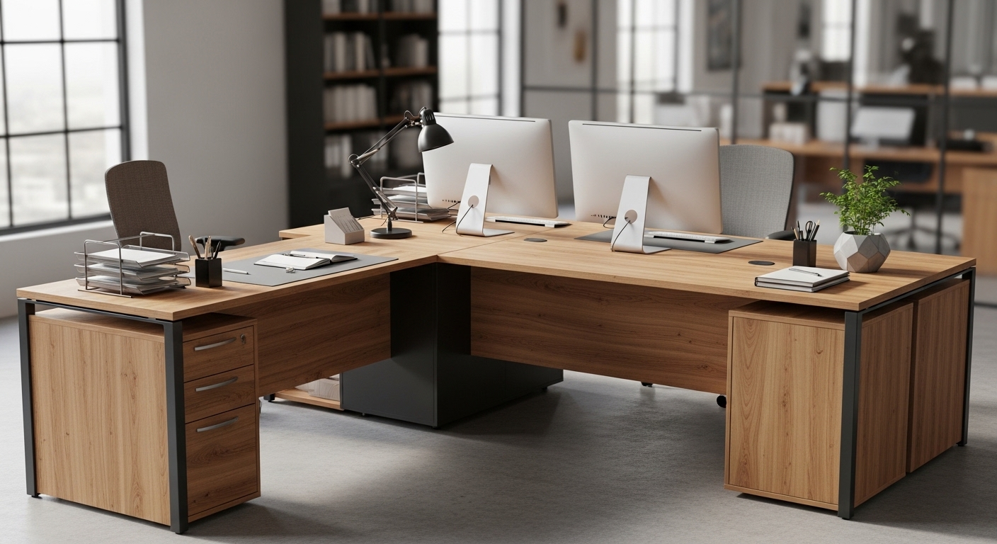 Cách bố trí bàn làm việc văn phòng chữ L rộng rãi, gỗ sáng màu tại góc phòng. Bàn có hai màn hình, đồ dùng ngăn nắp, tạo không gian làm việc hiệu quả và phân chia rõ ràng cho nhiều nhiệm vụ.