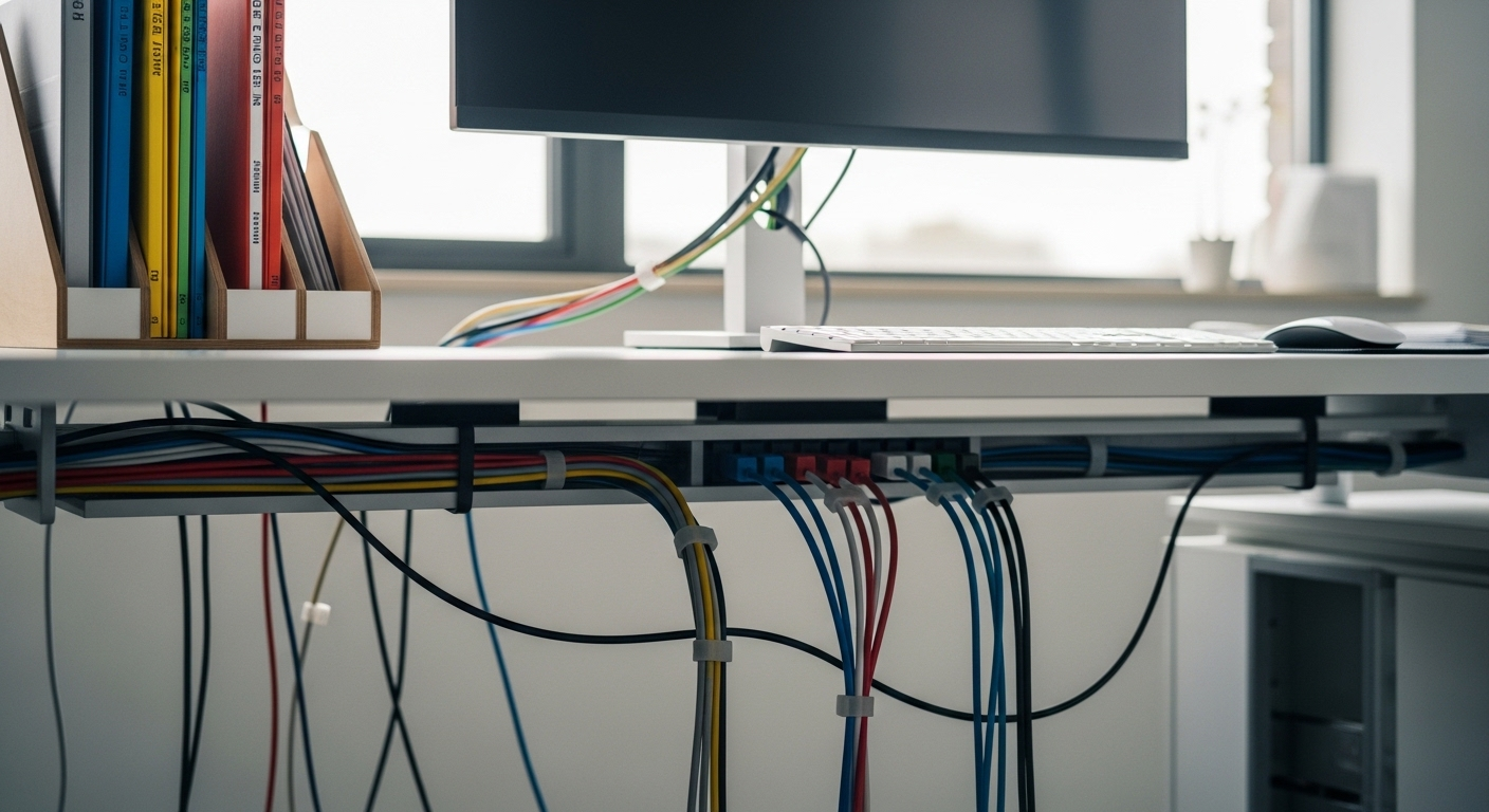 Bàn làm việc trắng hiện đại với dây cáp điện và thư mục được sắp xếp gọn gàng, ngăn nắp. Không gian làm việc khoa học này là nền tảng tốt cho phong thủy văn phòng làm việc theo tuổi, giúp tối ưu hóa hiệu quả công việc và năng lượng tích cực.