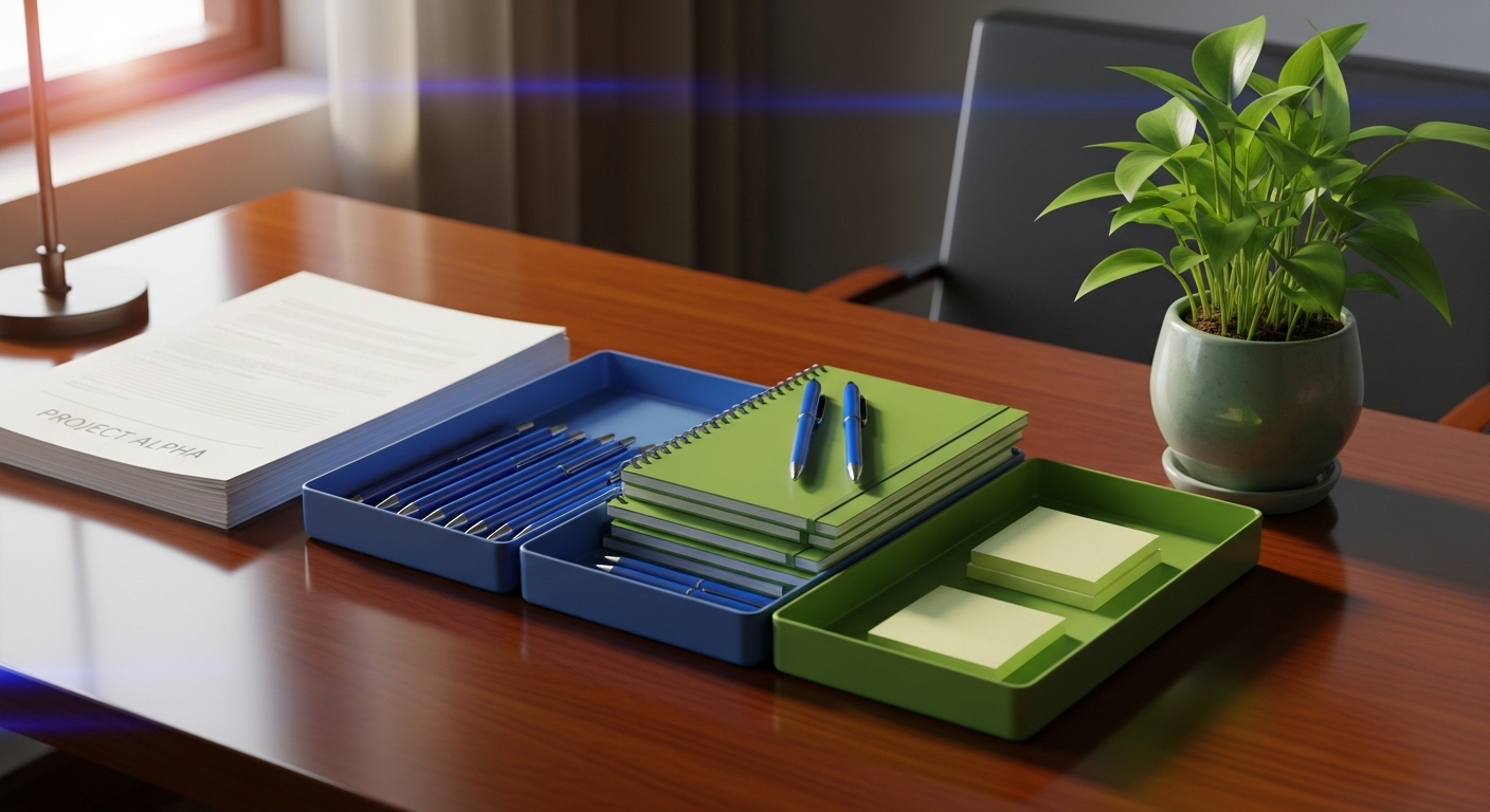 Hình ảnh bàn làm việc ngăn nắp với vật dụng phối màu, cây xanh tươi tắn, minh họa cách bài trí bàn làm việc hợp phong thủy.