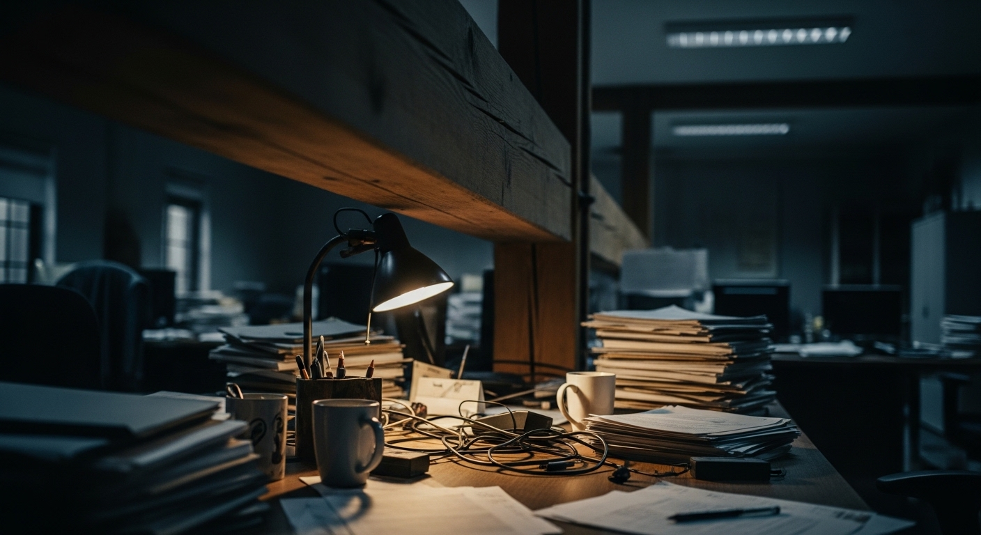 Bàn làm việc lộn xộn, thiếu sáng, đặt dưới xà nhà tối, cho thấy tầm quan trọng của việc chọn hướng đặt bàn làm việc theo tuổi để có không gian làm việc khoa học và hiệu quả.