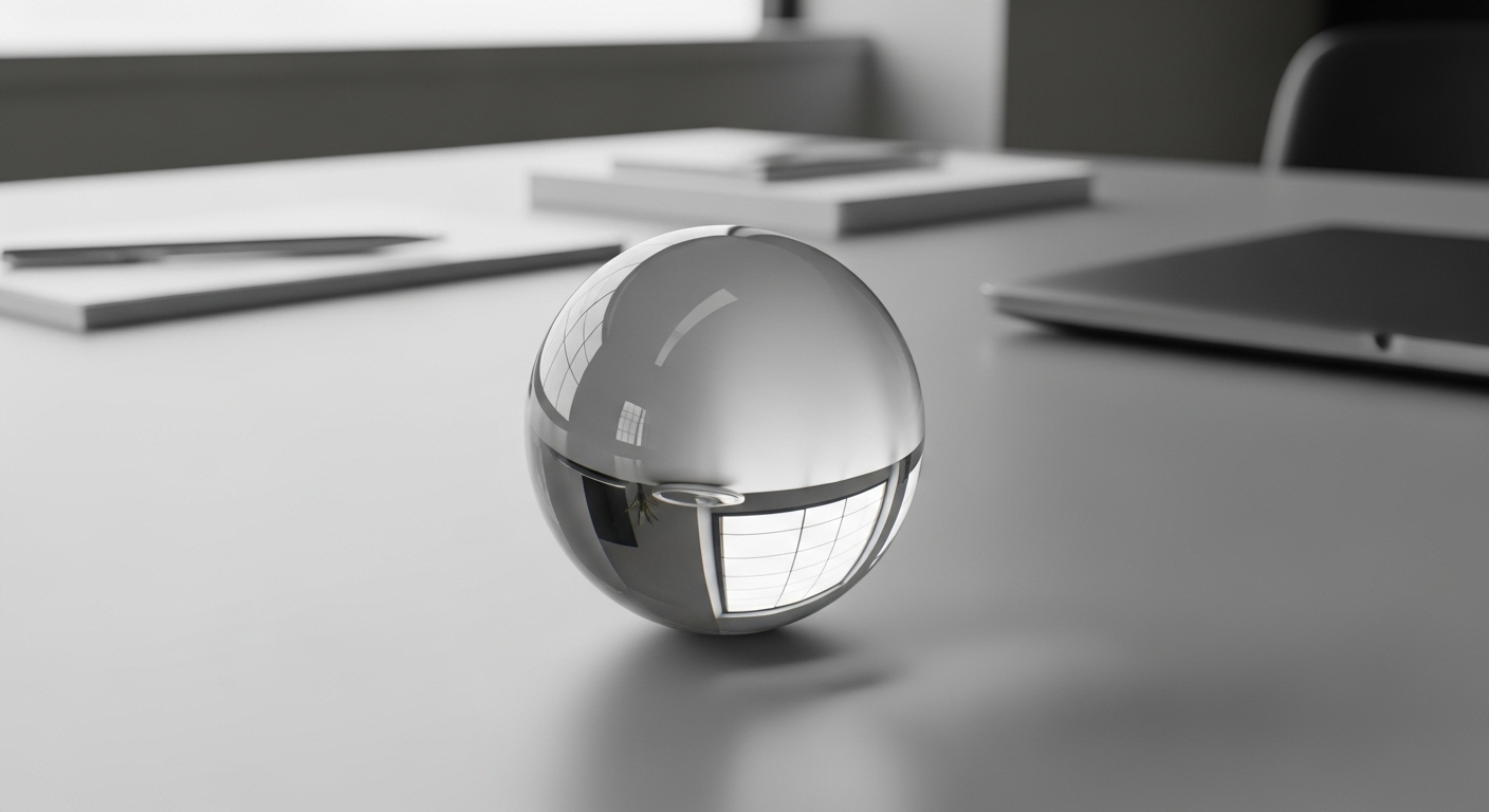 Cận cảnh tinh cầu pha lê trong suốt trên bàn làm việc tối giản, phản chiếu ánh sáng dịu. Một yếu tố giúp tối ưu Hướng ngồi làm việc theo phong thủy cho văn phòng.