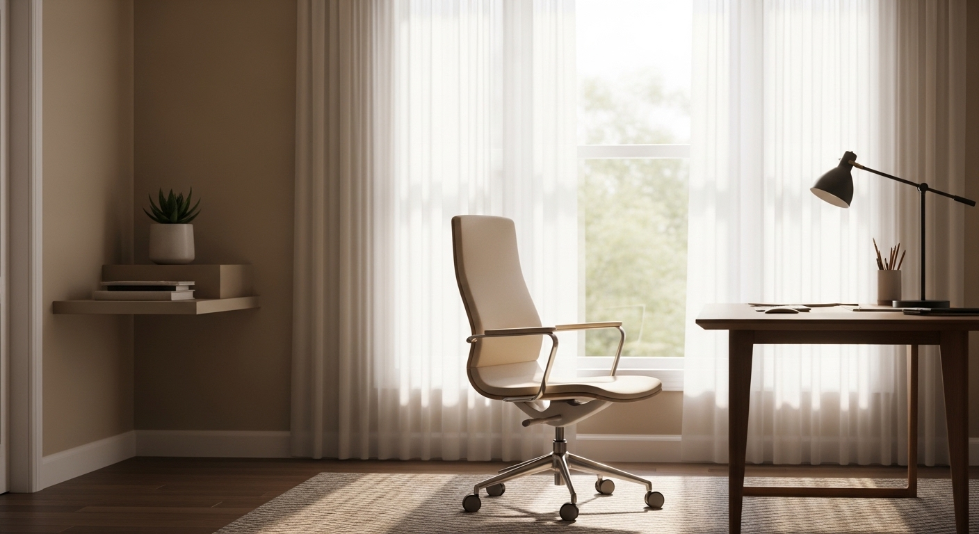 Phòng làm việc tại nhà rộng rãi, tràn ngập ánh sáng tự nhiên, bàn làm việc gọn gàng, thể hiện phong thủy phòng làm việc lý tưởng.