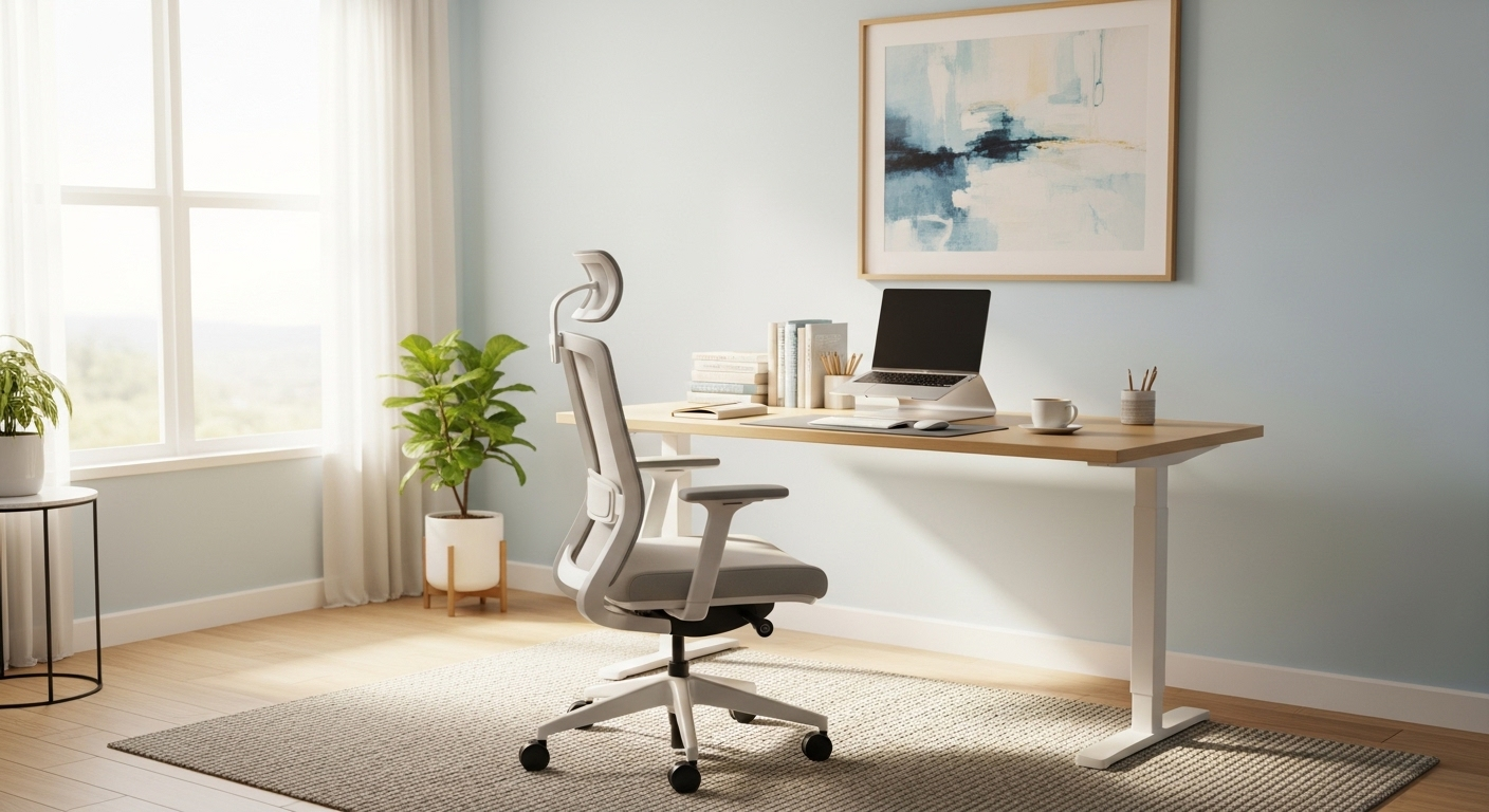 Bàn làm việc tại nhà ngập nắng tự nhiên, bố trí gọn gàng hướng ra không gian mở. Đây là một không gian lý tưởng khi cân nhắc hướng bàn làm việc theo tuổi để tối ưu năng lượng.