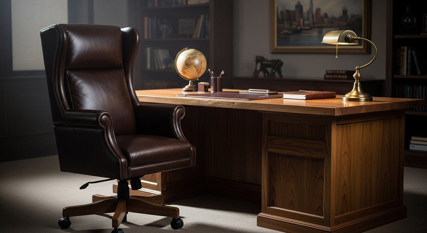 Ghế giám đốc lưng cao bằng da đen chắc chắn đặt sau bàn gỗ tự nhiên lớn. Hình ảnh lý tưởng cho bố trí bàn làm việc giám đốc theo phong thủy, toát lên sự ổn định và chuyên nghiệp.