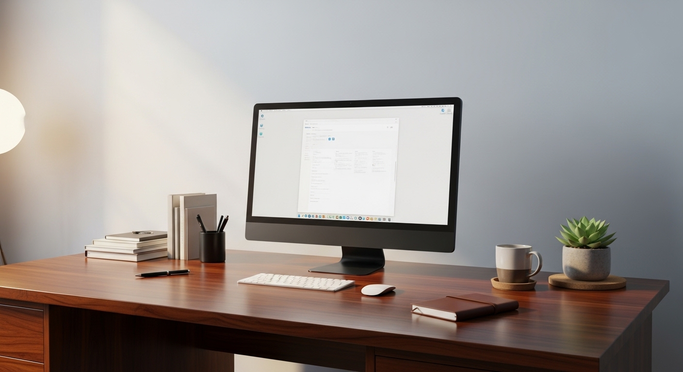 Bàn làm việc gỗ tối màu, rộng rãi, gọn gàng với màn hình máy tính và ánh sáng ấm. Thiết kế này lý tưởng cho phong thủy bàn làm việc người mệnh Thổ.