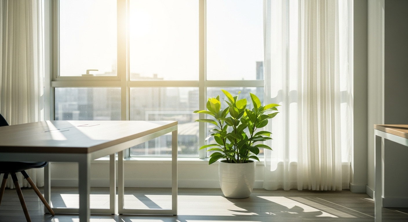 Góc làm việc tràn ngập ánh nắng tự nhiên, cây xanh bên cửa sổ, lý tưởng để chọn chỗ ngồi làm việc theo phong thủy giúp tăng cường năng lượng tích cực.