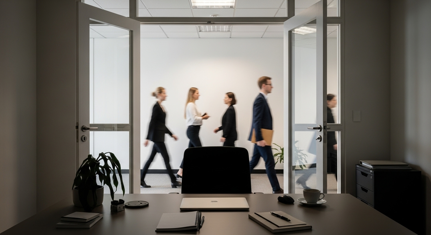 Bàn làm việc màu trung tính đặt đối diện cửa văn phòng mở ra hành lang nhộn nhịp, minh họa một trong những kiêng kỵ khi bố trí bàn làm việc theo phong thủy là đặt bàn thẳng cửa.