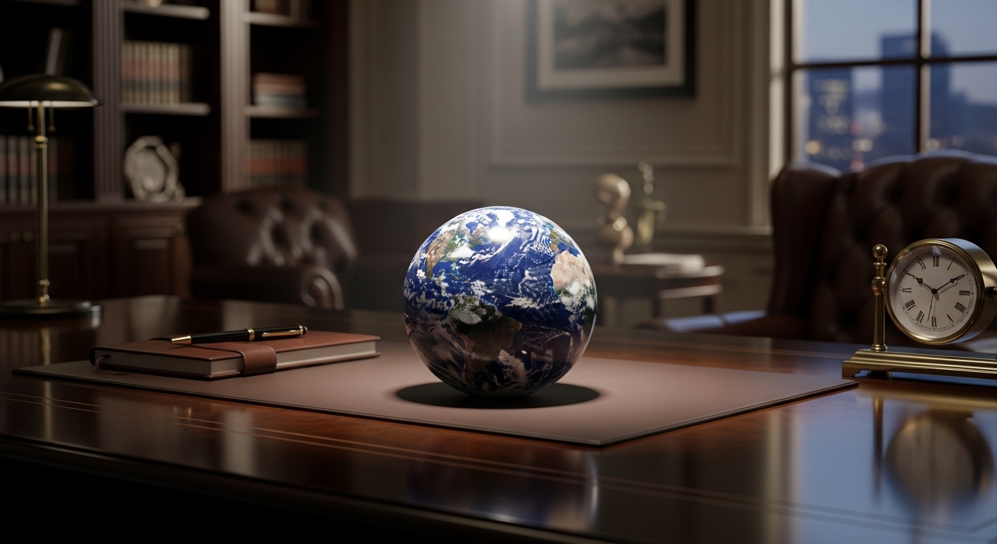 Quả cầu đá tự nhiên sáng bóng trên bàn làm việc cao cấp, mang lại phong thủy văn phòng tốt.