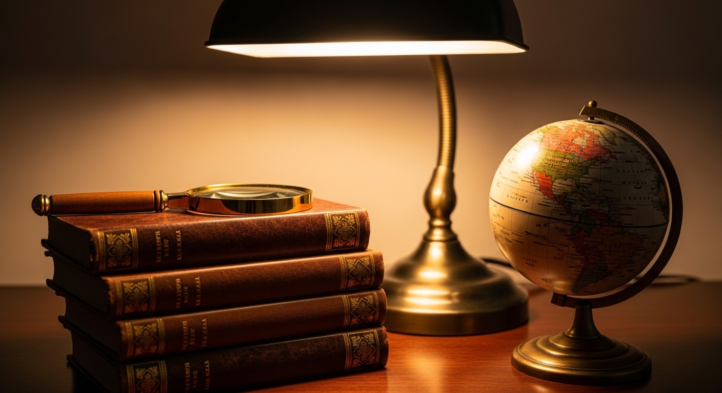 Góc bàn làm việc được bài trí gọn gàng, đẹp mắt, minh họa cách bài trí bàn làm việc theo phong thủy với sách cổ, kính lúp đồng và quả địa cầu dưới ánh đèn vàng ấm áp.