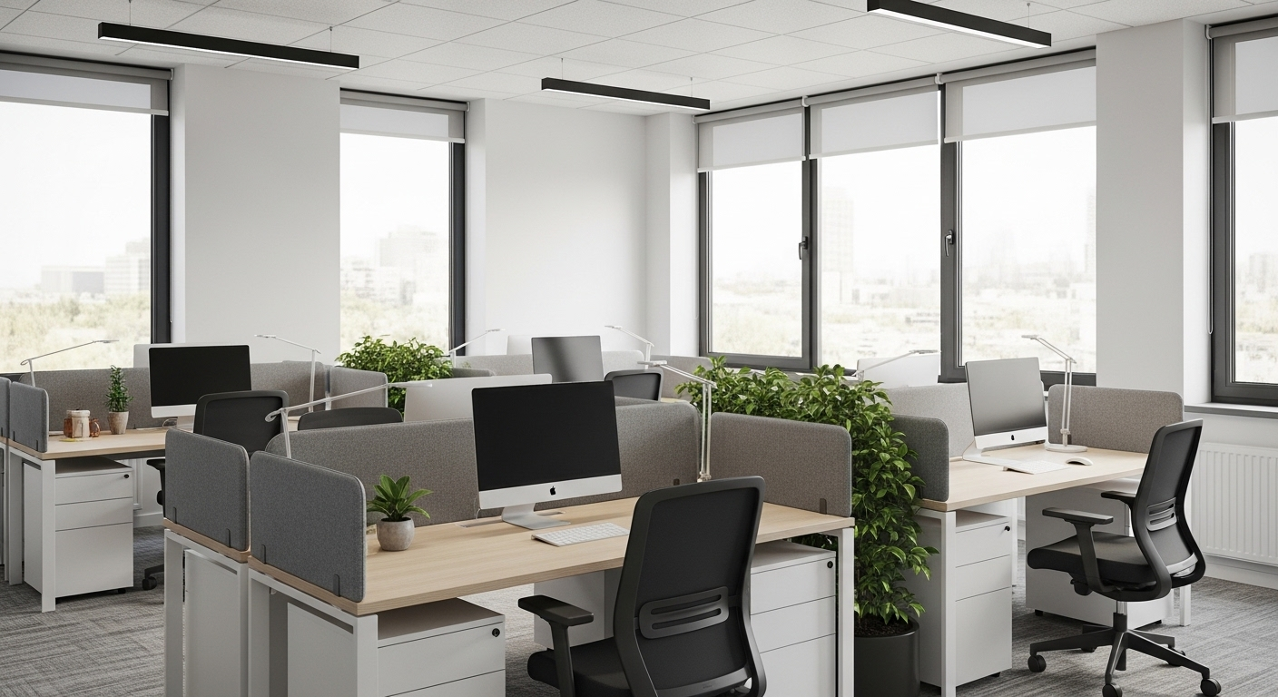 Thiết kế văn phòng mở hiện đại với các khu vực làm việc cá nhân, vách ngăn thấp và cây xanh, mang lại sự tập trung và yếu tố phong thủy phòng làm việc.