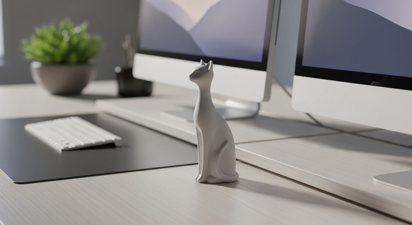 Bàn làm việc sắp xếp gọn gàng, tông màu sáng, với tượng mèo sứ trang trí cạnh màn hình máy tính và cây cảnh, tối ưu cho phong thủy bàn làm việc theo từng tuổi.