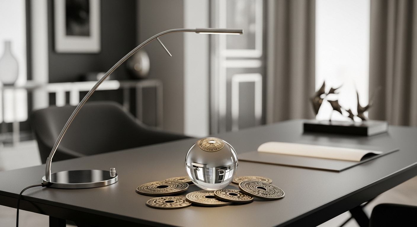 Bàn làm việc phong thủy hiện đại cho người mệnh Kim với tông xám, quả cầu pha lê và tiền xu kim loại hình tròn.