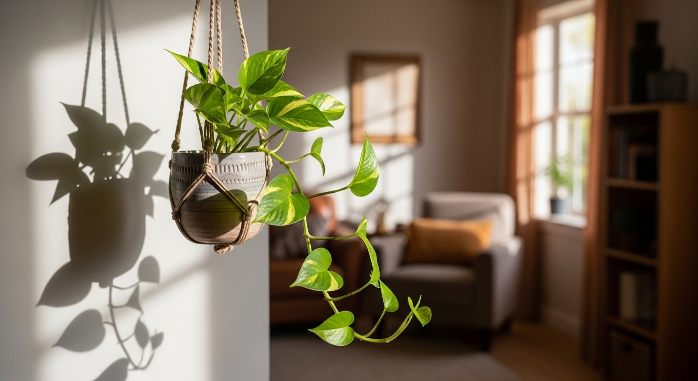 Cây trầu bà lá xanh vàng hình trái tim rủ duyên dáng từ chậu gốm treo, là cây phong thủy mang lại vận may 2026 tô điểm không gian ấm cúng với ánh sáng tự nhiên dịu nhẹ.