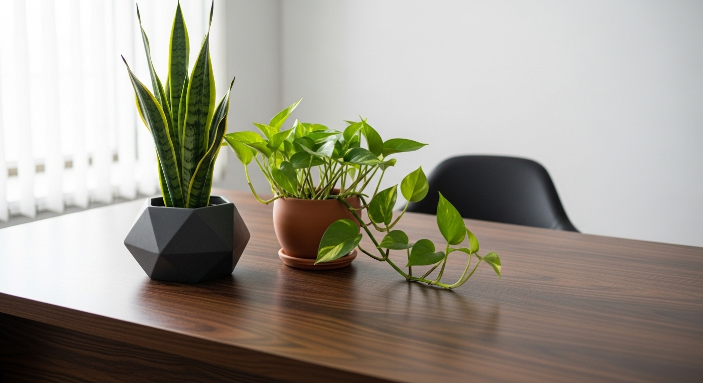 Thiết kế bàn làm việc tối giản gỗ tối màu, điểm xuyết cây xanh (lưỡi hổ, trầu bà) dưới ánh sáng tự nhiên. Không gian làm việc hiện đại, tối ưu cho hướng ngồi làm việc thoải mái và tập trung.