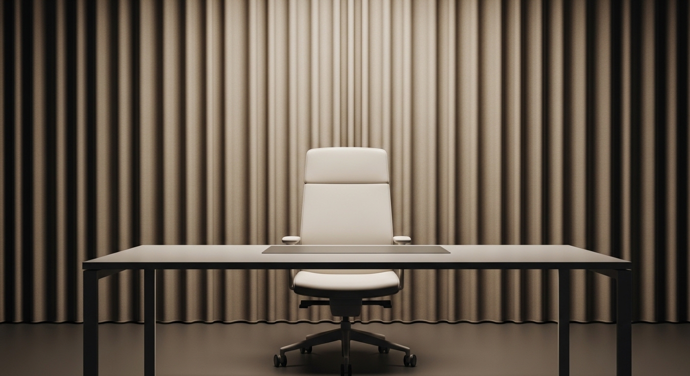 Bàn làm việc màu xám nhạt và ghế văn phòng trắng trống, trước cửa sổ che rèm be dày. Bố cục này lý tưởng cho phong thủy bàn làm việc, tạo không gian làm việc chuyên nghiệp, yên tĩnh.