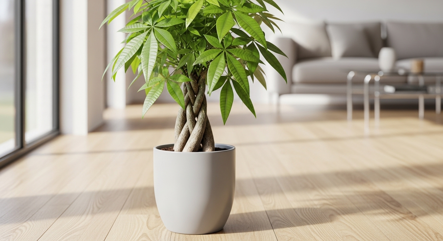 Cây Phát Lộc (Money Tree) thân bện, lá xanh tươi khỏe mạnh trong chậu hiện đại, trang trí không gian sống. Tìm hiểu thêm về các loại cây cảnh phù hợp và cây không nên trồng trong nhà để đảm bảo môi trường lành mạnh.