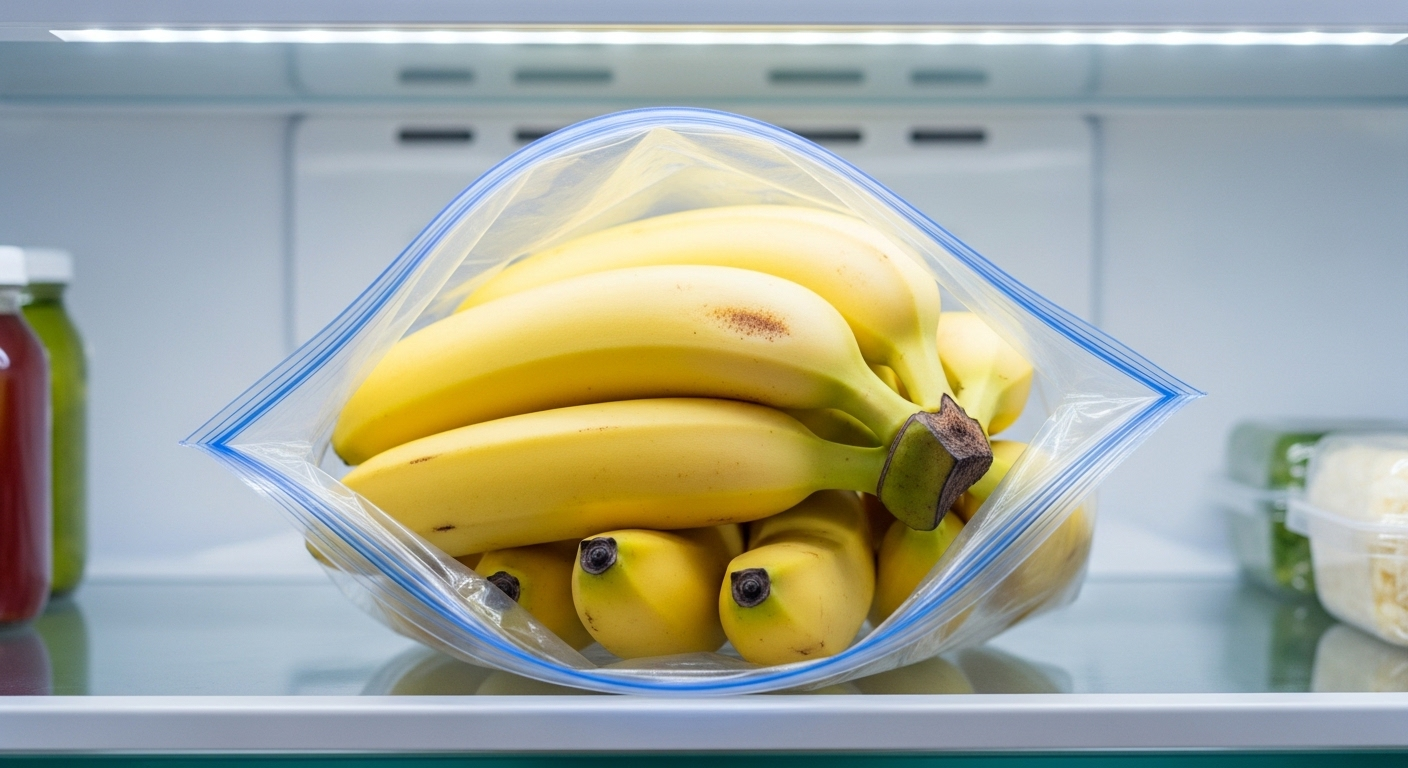 Chuối vàng cuống được bọc kín, đặt trong túi zip trên kệ tủ lạnh, minh họa mẹo vặt nhà bếp bảo quản chuối tươi lâu.