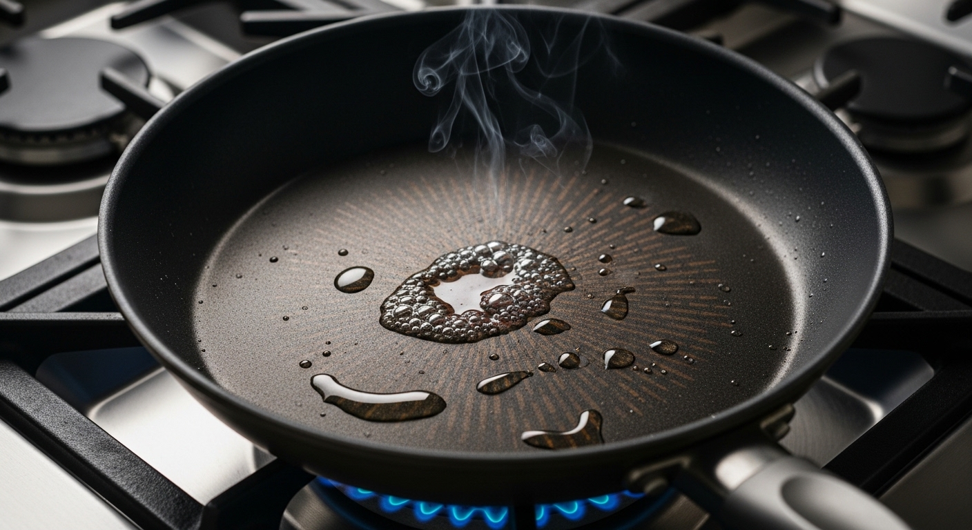 Giấm xèo xèo trong chảo chống dính nóng trên bếp ga – mẹo vặt cho người nội trợ giúp chuẩn bị chảo tối ưu trước khi nấu.