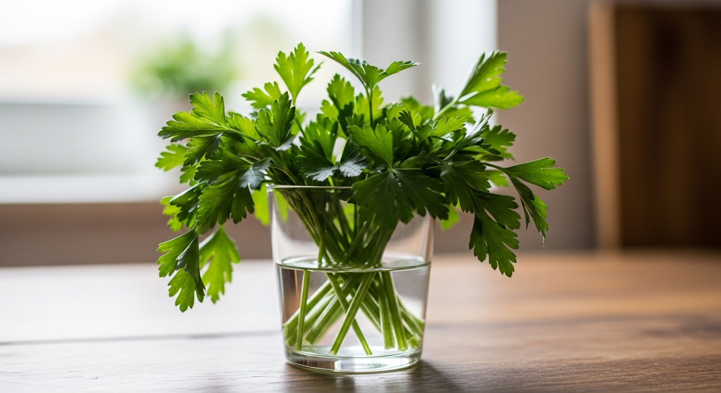 Chùm rau mùi tây xanh tươi như bó hoa trong ly nước trên bàn gỗ mộc mạc, thể hiện mẹo vặt nội trợ giữ nguyên liệu tươi lâu.