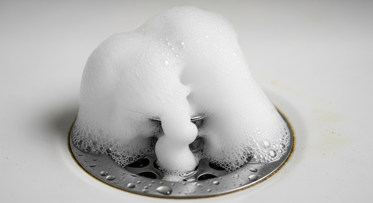 Cận cảnh phản ứng sủi bọt của baking soda và giấm trong cống bồn rửa bếp, một mẹo vặt nhà bếp hiệu quả làm sạch ống thoát nước tự nhiên.