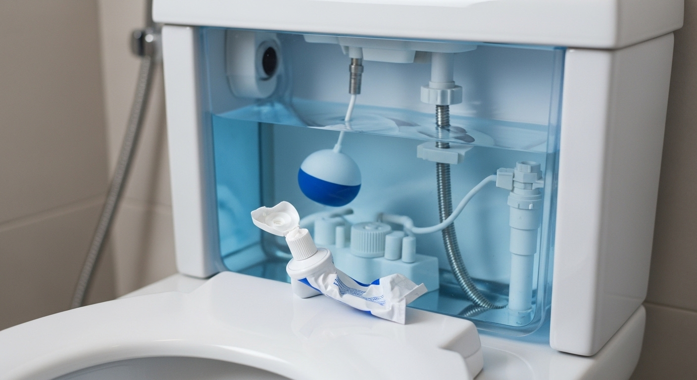 Tuýp kem đánh răng gần hết được đặt trong két nước bồn cầu sạch, giúp tận dụng tối đa sản phẩm.