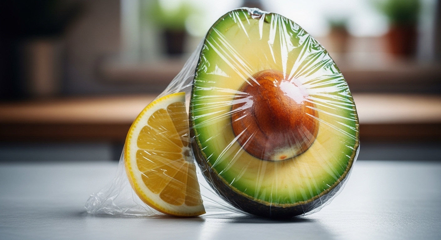 Nửa quả bơ xanh chín được bọc màng thực phẩm kèm lát chanh, minh họa mẹo vặt nhà bếp bảo quản bơ tươi ngon.