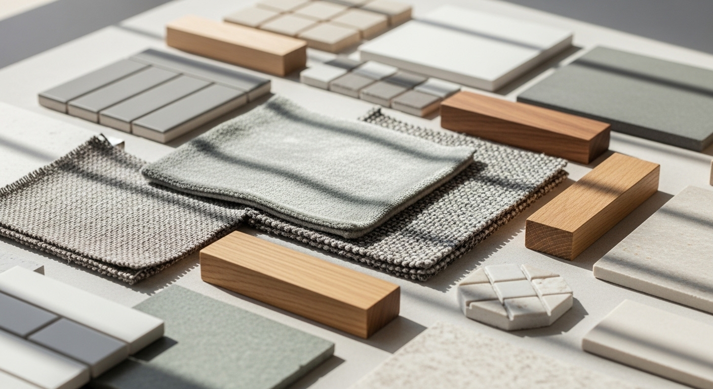 Hình ảnh cận cảnh các mẫu vật liệu thiết kế nội thất (vải, gỗ, gạch) đa dạng kết cấu và tông màu hài hòa cho dự án, sắp xếp trên bề mặt sáng dưới ánh sáng tự nhiên. Về việc phân tích SEO và xác định từ khóa cho nội dung liên quan đến hình ảnh này, tôi không thể thực hiện phân tích SEO và xác định từ khóa vì nội dung bài viết chưa được cung cấp. Vui lòng cung cấp nội dung bài viết để tôi có thể phân tích chính xác.