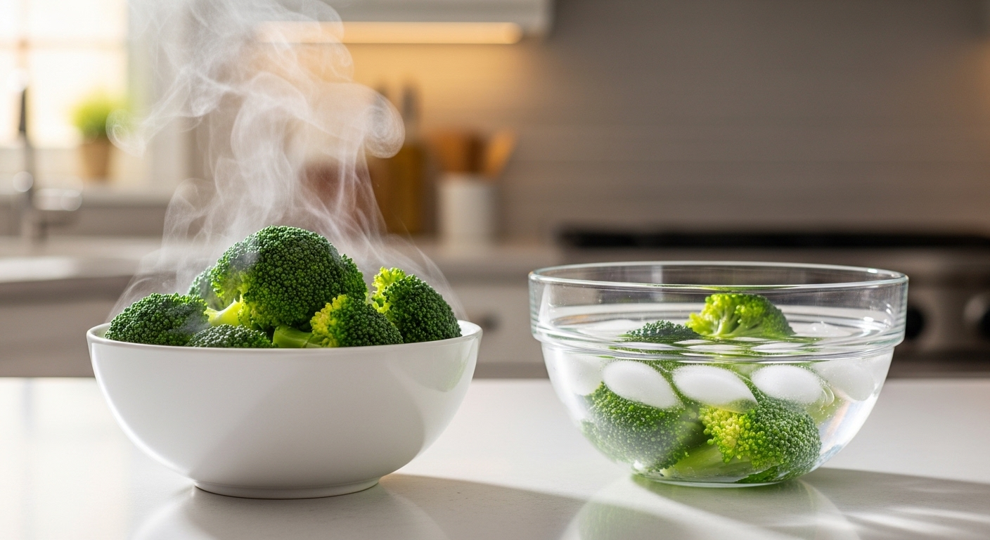 Bông cải xanh luộc đang bốc hơi và tô nước đá trên bàn bếp, minh họa mẹo vặt nhà bếp giúp rau củ giữ màu xanh tươi.