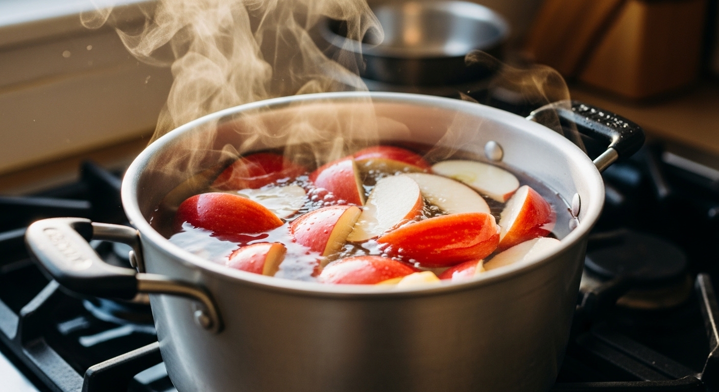 Lát táo đỏ tươi sôi nhẹ trong nồi nhôm sạch trên bếp, hơi nước bốc lên trong không gian bếp sáng.