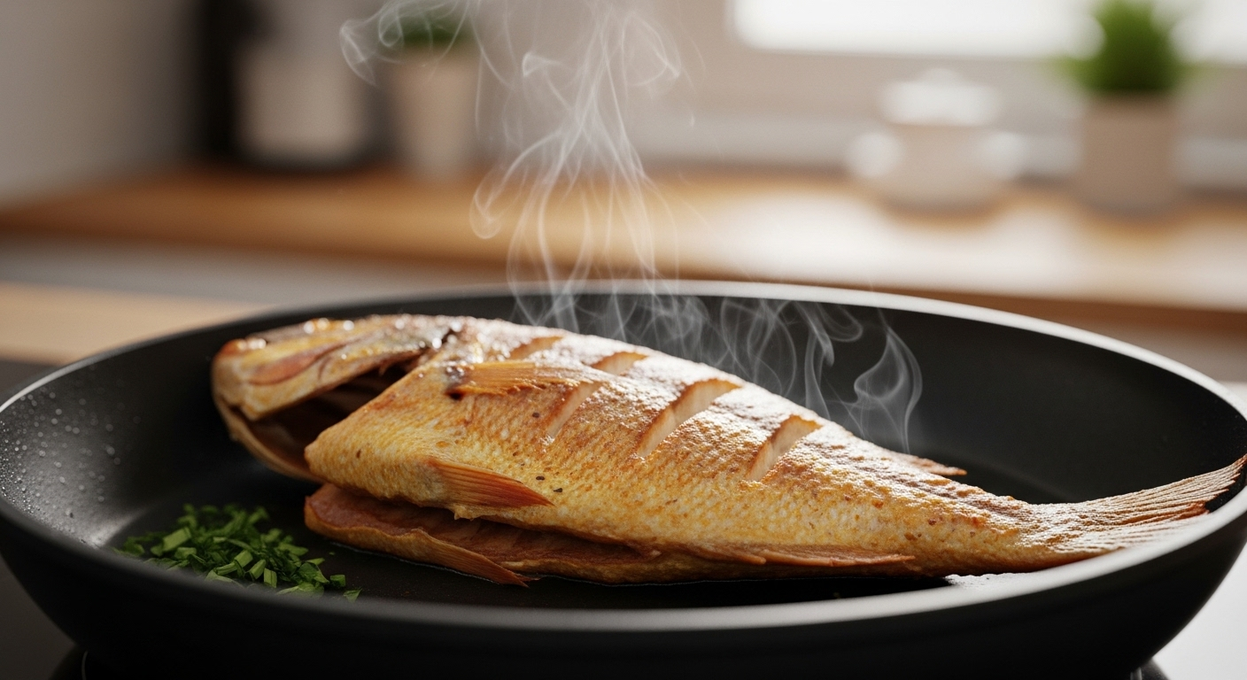 Cá chiên vàng giòn rụm, bốc hơi nhẹ trong chảo nóng, điểm xuyết rau thơm. Hình ảnh hoàn hảo về thành quả từ các mẹo vặt nhà bếp hữu ích.