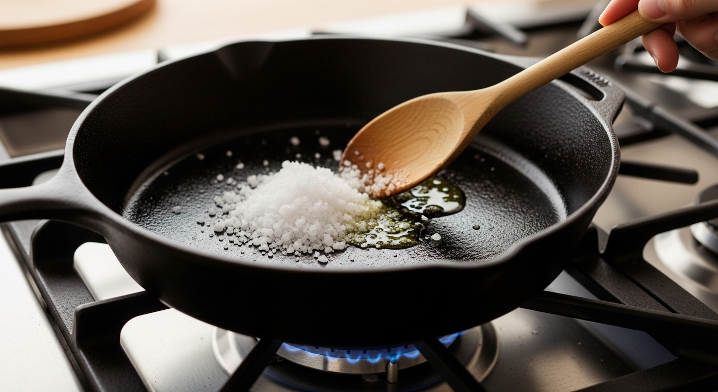 Chảo gang trên bếp ga đang làm nóng nhẹ nhàng với muối và dầu ăn, khuấy bằng muỗng gỗ. Mẹo vặt nhà bếp giúp bảo dưỡng chảo hiệu quả.